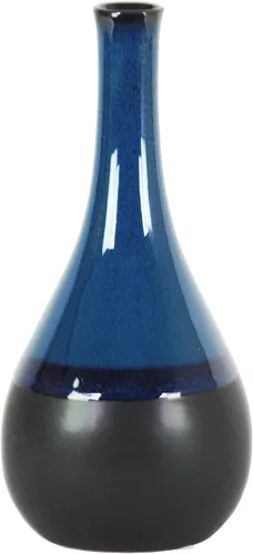 Vista 4 de Urban Trends Florero de gres redondo de boca pequeña, cuello largo y borde con bandas negras LG Gloss Finish Blue Jarrón