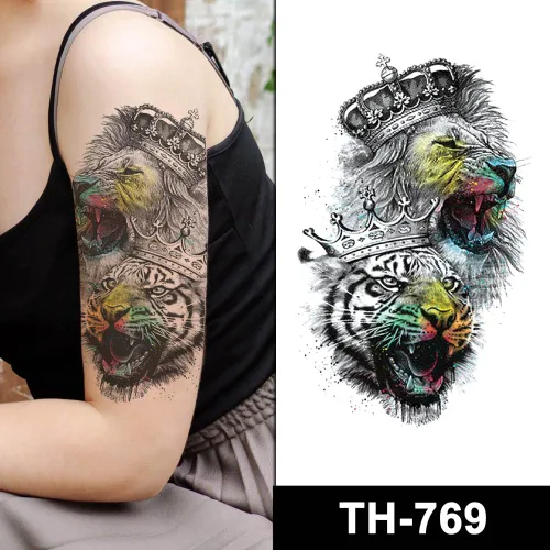 Vista 2 de Tatuajes temporales pegatinas falsas cuerpo brazo pecho hombro tatuaje para hombres o mujeres (león)