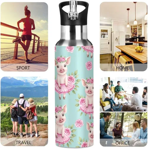 Vista 5 de Cute Watercolor Pigs Flower Crowns Insulated Stainless Steel Water Bottle with Straw 20 Oz Leakproof Water Bottles, BPA-Free Sports Water Bottle