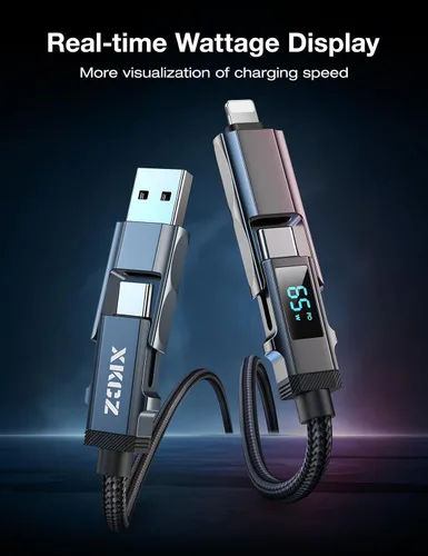 Vista 3 de Cable USB C 4 en 1 con pantalla de vatios, cable de carga múltiple trenzado de nylon redondo de 65W con sincronización de datos, combo de cable