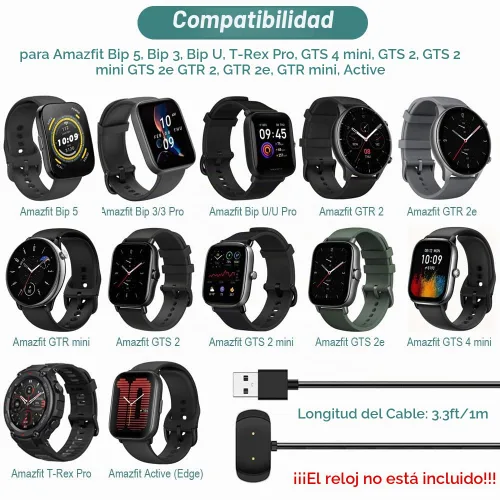 Vista 3 de Kissmart Cargador para Amazfit T-Rex Pro, Bip 5, Bip 3, Bip U Pro, GTS 4 Mini, GTS 2, GTS 2e, GTS 2, GTR 2, GTR 2e, GTR mini, cable de carga
