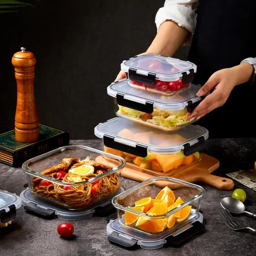Vista 6 de Paquete de 8 recipientes de vidrio para comida preparada con tapas, juego de almacenamiento de alimentos extra grueso hermético