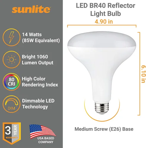 Vista 2 de Sunlite 41191 Bombilla LED BR40 empotrable, 14 W (equivalente a 85 W), 1060 lúmenes, base media (E26), regulable, inundación, certificación UL, 6500