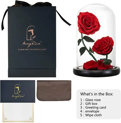 Vista 6 de Regalos para mujeres, rosa roja preservada para siempre, regalo de cumpleaños, día de San Valentín, con flor eterna roja en cúpula de cristal #Rojo