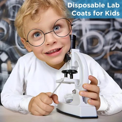 Vista 5 de 10 abrigos de laboratorio desechables para niños, abrigos de ciencia blancos a granel para niños con puños de punto elástico y cierre frontal a