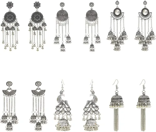 Vista 9 de Juego de 6 pares de aretes colgantes étnicos indios Jhumka Jhumki para mujer, vintage, plata y oro, largos con borlas, aretes de campana, joyería