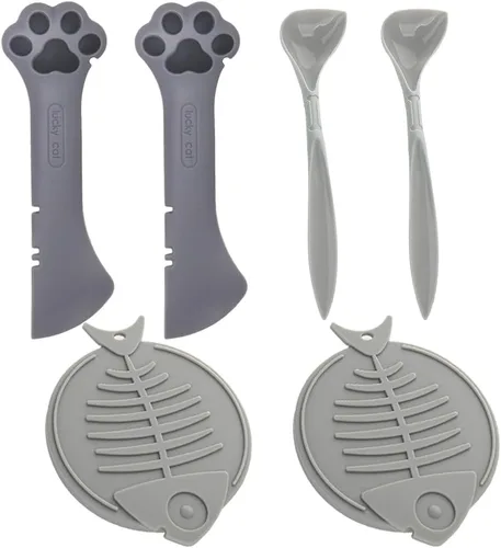 Vista 10 de mwellewm Juego de 3 suministros de latas de comida para mascotas, fundas universales de silicona para latas de gatos, mini espátula multifuncional 3