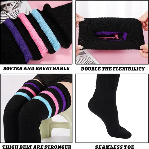 Vista 4 de Calcetines altos hasta el muslo para mujer de talla grande para muslos gruesos, calcetines extra largos a rayas gruesos sobre la rodilla, calcetines