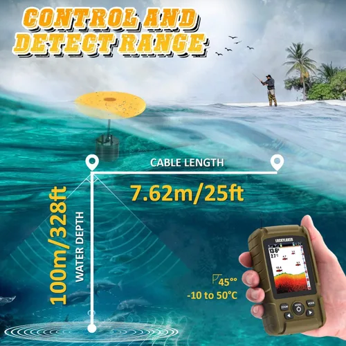 Vista 5 de LUCKY Buscador de peces inalámbrico de mano para barco, transductor con cable, sensor sonar, impermeable, portátil, buscadores de profundidad