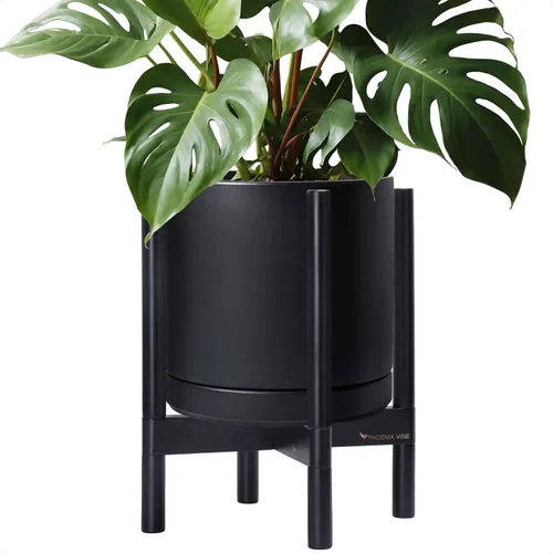 Vista 49 de D'vine Dev Maceta de cerámica con soporte de ébano – Maceta redonda moderna de 8 pulgadas con soporte para maceta de madera, color negro, 55-B-M-2