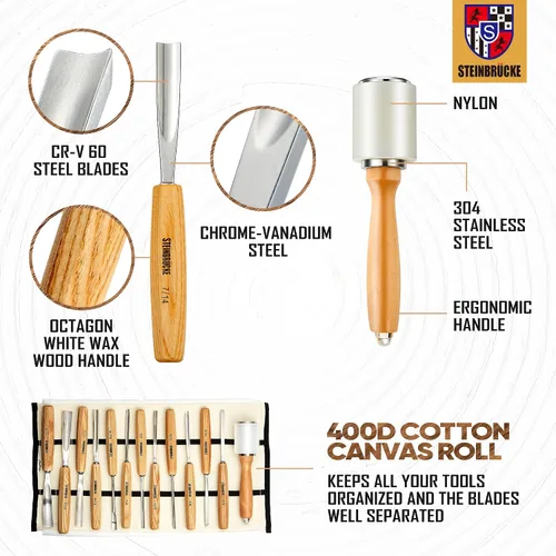 Vista 10 de Kit de tallado de madera, juego de herramientas de tallado de madera de 12 cinceles y mazo con estuche de lona, juego de cuchillos de tallado