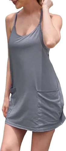 Vista 4 de UNIANKIYA Vestido de tenis para mujer, minivestido de entrenamiento con mameluco integrado, sin mangas, tirantes delgados, vestido de golf atlético