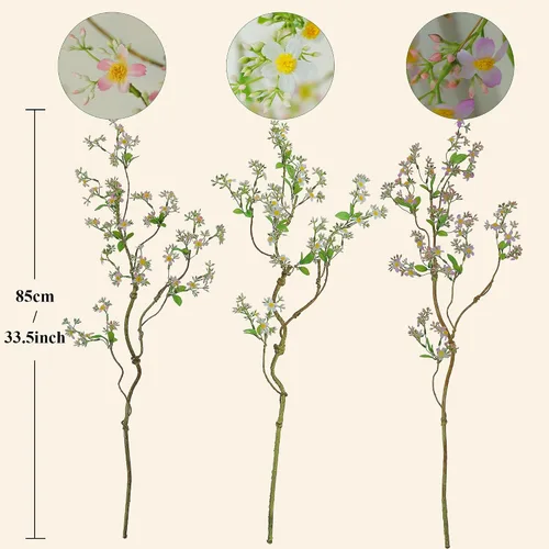 Vista 3 de 3pcs 33.5inch Rustic Bendable Faux Tree Branches With White Chamomile Wild Flowers Twigs Silk Pink Daisy Decorative Green Leaves Stems For Vase