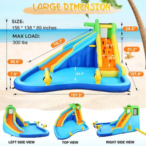 Vista 3 de Whubefy Toboganes acuáticos inflables para niños con soplador de 450 W, parque acuático inflable 6 en 1, tobogán acuático de 158 x 138 x 89 pulgadas