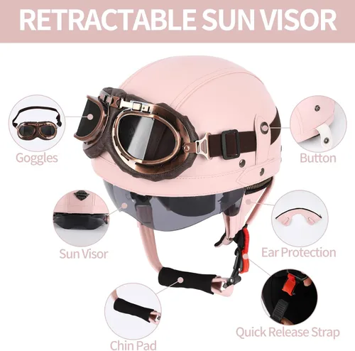 Vista 4 de Casco de motocicleta rosa, medio casco de cuero de estilo alemán, casco de motocicleta para mujer, aprobado por DOT, casco de media cara con gafas