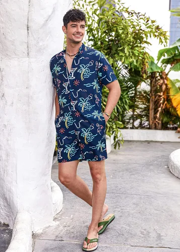 Vista 3 de COOFANDY Enterizo de una pieza para hombre, manga corta, camisa floral hawaiana, con cremallera, pantalones cortos, casual, playa, con bolsillos