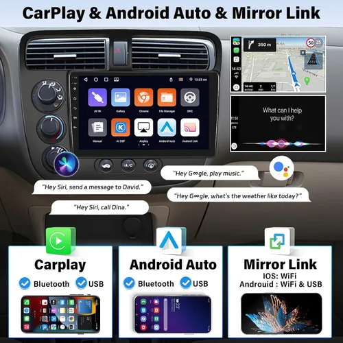 Vista 3 de Estéreo de coche Android 2G+64G para Honda Civic 2000-2005 inalámbrico A-pple CarPlay Android Auto, 9 pulgadas HD pantalla táctil navegación