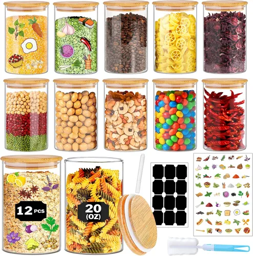 Vista 9 de BGraceyy Tarros de especias con etiquetas, 35 tarros de especias de vidrio de 4 onzas con tapas de bambú, recipientes herméticos apilables
