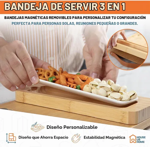 Vista 5 de Juego de tablas de charcutería de bambú con bandejas laterales magnéticas extraíbles, bandeja para frutas, asas, caja lista para cubiertos y regalos