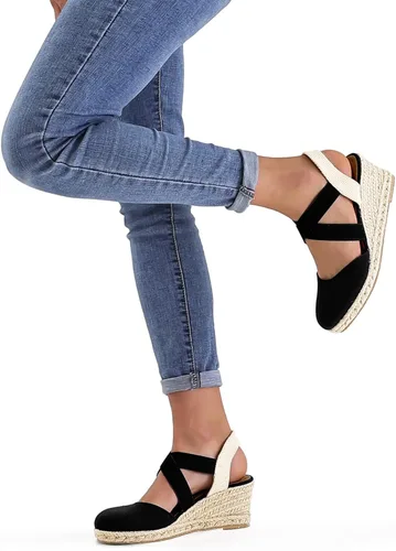 Vista 5 de mysoft Women's Closed Toe Crisscross Elastic Ankle Strap Platform Espadrille Wedge Sandals