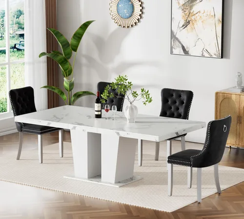 Vista 14 de Juego de mesa de comedor extensible de 63 a 79 pulgadas para 4, moderna mesa de cocina expandible con 4 sillas de terciopelo, mesa de madera gruesa