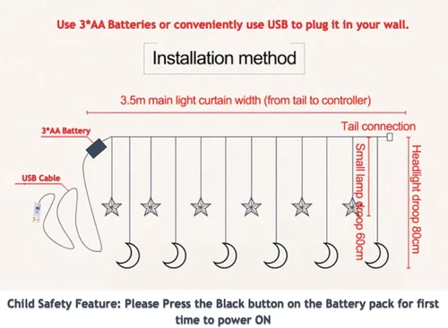 Vista 8 de House Warming & Eid - Tira de luces LED para cortina para interiores y exteriores, estrella centelleante, luna, USB, funciona con pilas, para colgar