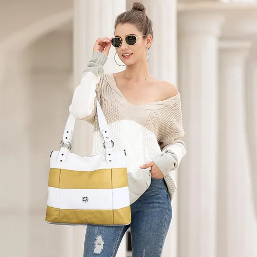 Vista 2 de Angel Kiss Hobo - Bolsos de hombro para mujer grandes suaves de piel sintética lavada a rayas bolsos cruzados