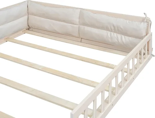 Vista 9 de Cama de plataforma de tamaño matrimonial con valla, plataforma tapizada de madera con barandilla y almohada, color beige