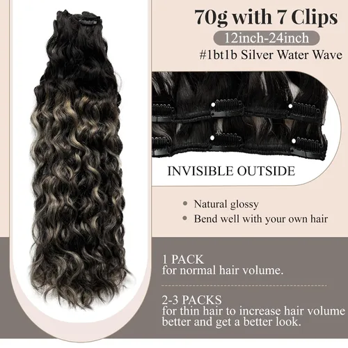 Vista 4 de Extensiones de cabello humano real con clip, de 12 pulgadas, de color marrón oscuro, ondulado, natural, rizado y rizado, 2.47 onzas, 7