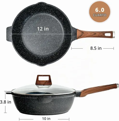 Vista 7 de Sartén antiadherente de 12 pulgadas con tapa y espátula, sartén jumbo de 6 cuartos de galón con boquilla de vertido, wok de chef de granito