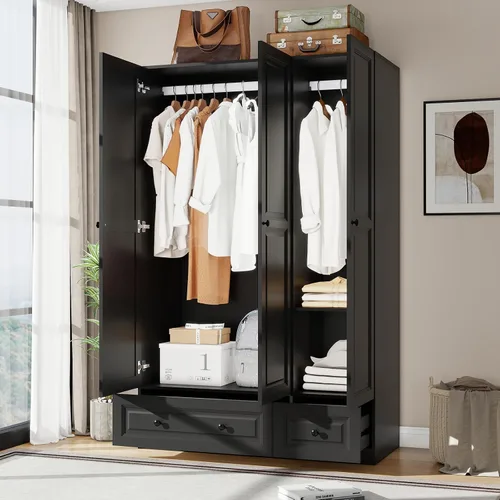 Vista 3 de Armario Armario con cajones: Armario de madera alto negro de 74 pulgadas para colgar ropa, Armarios grandes para dormitorio con 2 cajones, armario