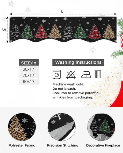 Vista 4 de Bufanda de manto de 90 x 17 pulgadas, diseño de rejilla de búfalo negro de Navidad, árbol de Navidad, chimenea, mantel, cubierta de mantel