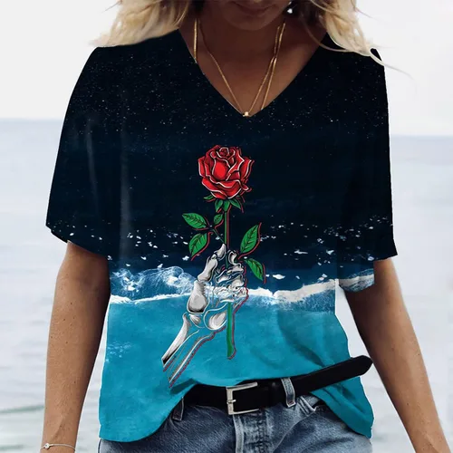 Vista 2 de Camiseta de manga corta para mujer, transpirable, con estampado floral, con temperamento, elástica, cuello en V