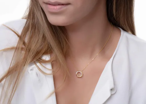 Vista 3 de Delicado collar de diamantes Trinity en oro macizo de 9K, 14K y 18K, collar tricolor de círculo entrelazado, collar de amor de eternidad de diamantes