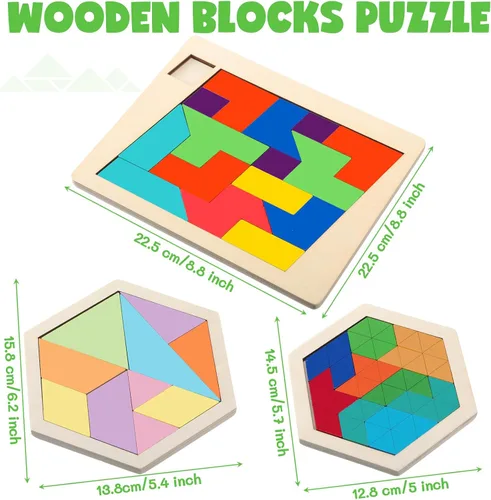 Vista 2 de Yunsailing Paquete de 3 rompecabezas grandes de madera hexagonal Tangram rompecabezas de madera rusa para adultos desafío teasers geométrico, lógica