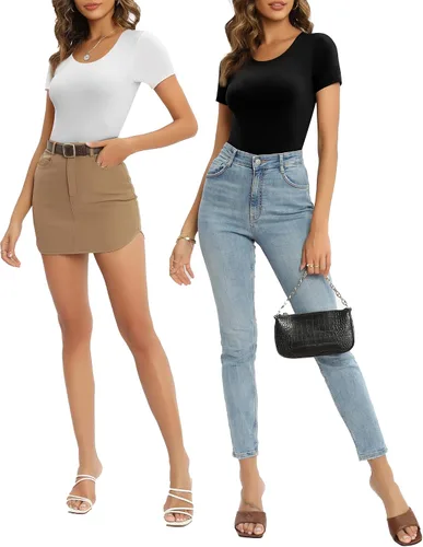 Vista 5 de MANGOPOP Women's Double Layered Short Sleeve Long Sleeve Bodysuit Basic T Shirts Tops