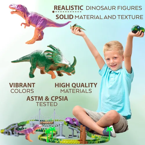 Vista 6 de TOYLI Juego de pista de carreras de dinosaurios de 182 piezas, pista de dinosaurio flexible con puente, rampas, juguete de pista de dinosaurios es
