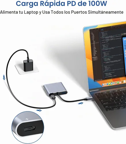 Vista 7 de Adaptador USB C a HDMI dual, divisor HDMI de 4K a 60Hz para monitores duales, pantalla extendida, carga PD de 100 W, puerto USB-A, Windows admite