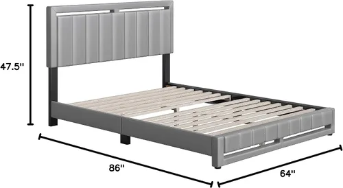 Vista 2 de Boyd Sleep Beaumont - Cama de plataforma tapizada con cabecero, base de colchón con 14 soportes de listones de madera, no requiere somier, piel Gris