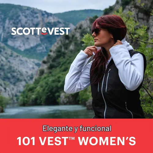 Vista 4 de SCOTTeVEST Chaleco 101 para mujer - 9 bolsillos ocultos - Repelente al agua para viajes y más Negro
