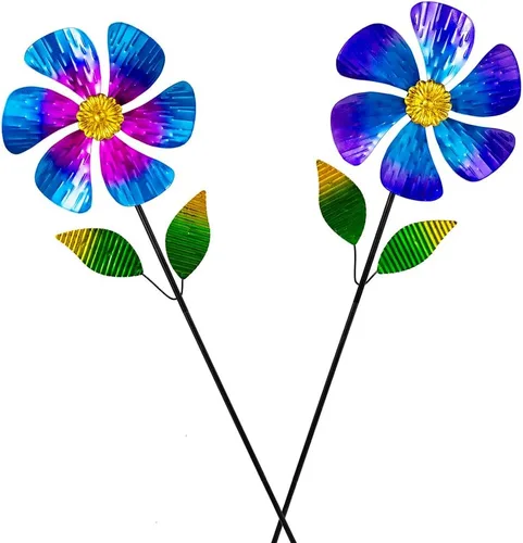 Vista 7 de Viveta Paquete de 2 molinos de viento de jardín, molino de viento de metal de flores de 35.4 pulgadas, escultura de viento rosa y azul, molinetes