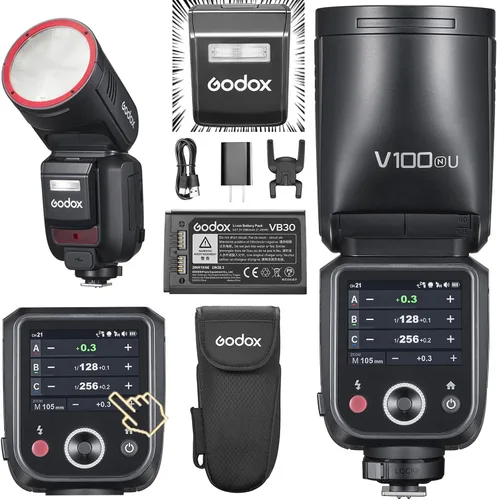 Vista 10 de Godox V100S Flash V100-S versión de EE. UU. Flash de pantalla táctil de cabeza redonda, sincronización de flash de obturador global de 100 Ws