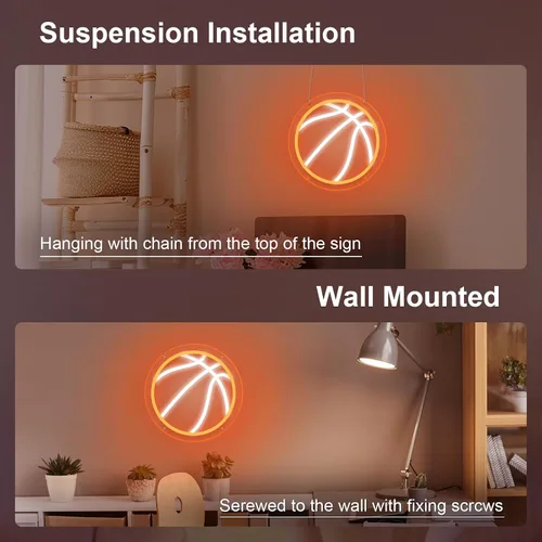 Vista 6 de Letrero de neón de baloncesto, 9.84 x 9.84 pulgadas, luz de neón LED de baloncesto, alimentado por USB con interruptor regulable, letrero LED