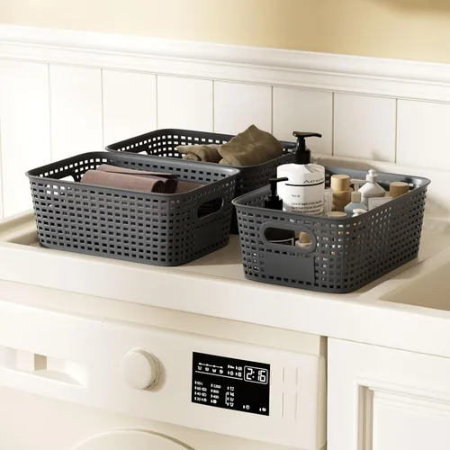 Vista 4 de 6 contenedores de almacenamiento con tapas, cesta de almacenamiento de plástico apilable con tapa de bambú, caja organizadora de despensa