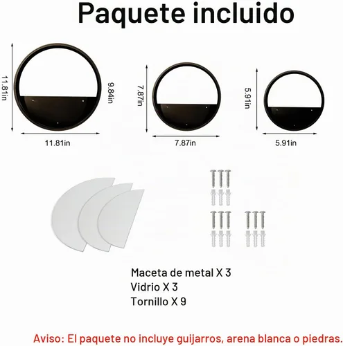 Vista 3 de Juego de 3 macetas de pared, modernas macetas redondas de vidrio para suculentas, maceta circular colgante de hierro para hierbas, cactus pequeño