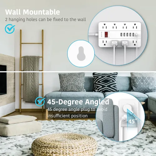 Vista 7 de Protector de sobretensiones con 6 puertos USB (1USB C), cable de extensión AOFO de 5 pies con 8 tomas ampliamente espaciadas, estación de carga