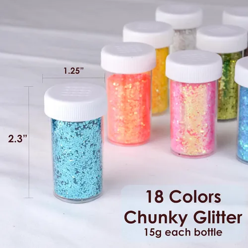 Vista 5 de Brillantina gruesa, 18 frascos de colores surtidos para manualidades, cuerpo, maquillaje y purpurina para uñas.