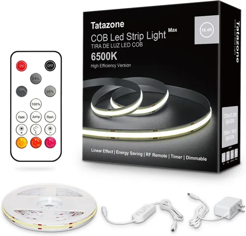 Vista 14 de Tatazone Tira de luces LED COB blancas Max con control remoto RF, 16.4 pies 2700K CRI93+ regulable, tira de luz COB blanca cálida ultra brillante