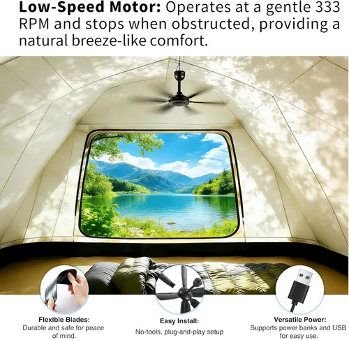Vista 4 de Ventilador colgante pequeño USB portátil de 17.7 pulgadas con 6 cuchillas, uso en interiores y exteriores, para caravana, campamento y toldo, Negro