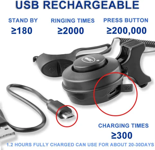 Vista 3 de Bocina eléctrica para bicicleta, mini timbre de bicicleta de 100 dB con 4 modos de sonido, recargable por USB e impermeable, ideal para bicicletas